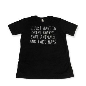 Canvas Black Coffee, Animals, Naps Tee Woman’s Size M